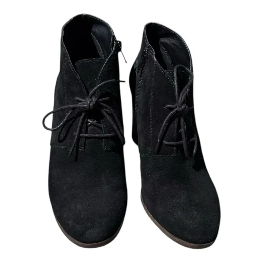 Lucky Brand Shylow Black Wedge Booties Size 10M Laces Zipper Leather Shoes Suede